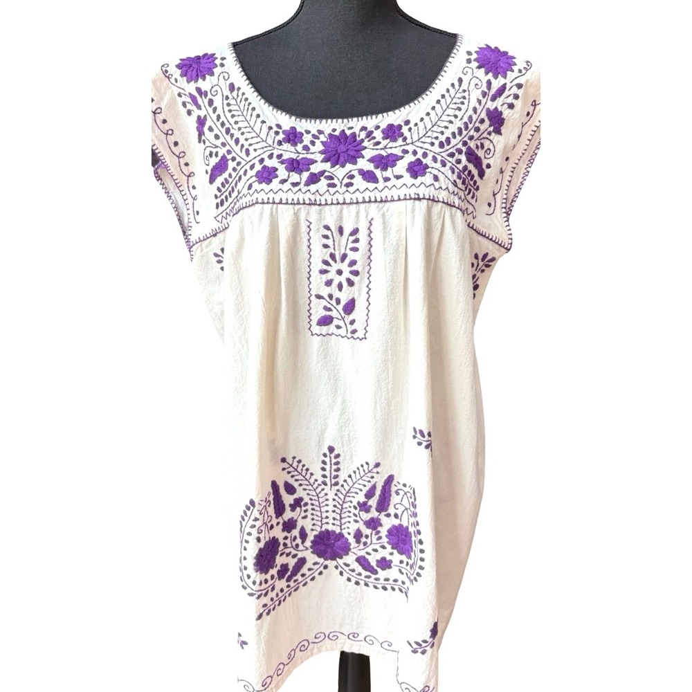 Nativa Handmade Mexican Embroidered Dress Purple Floral Cotton Boho XL